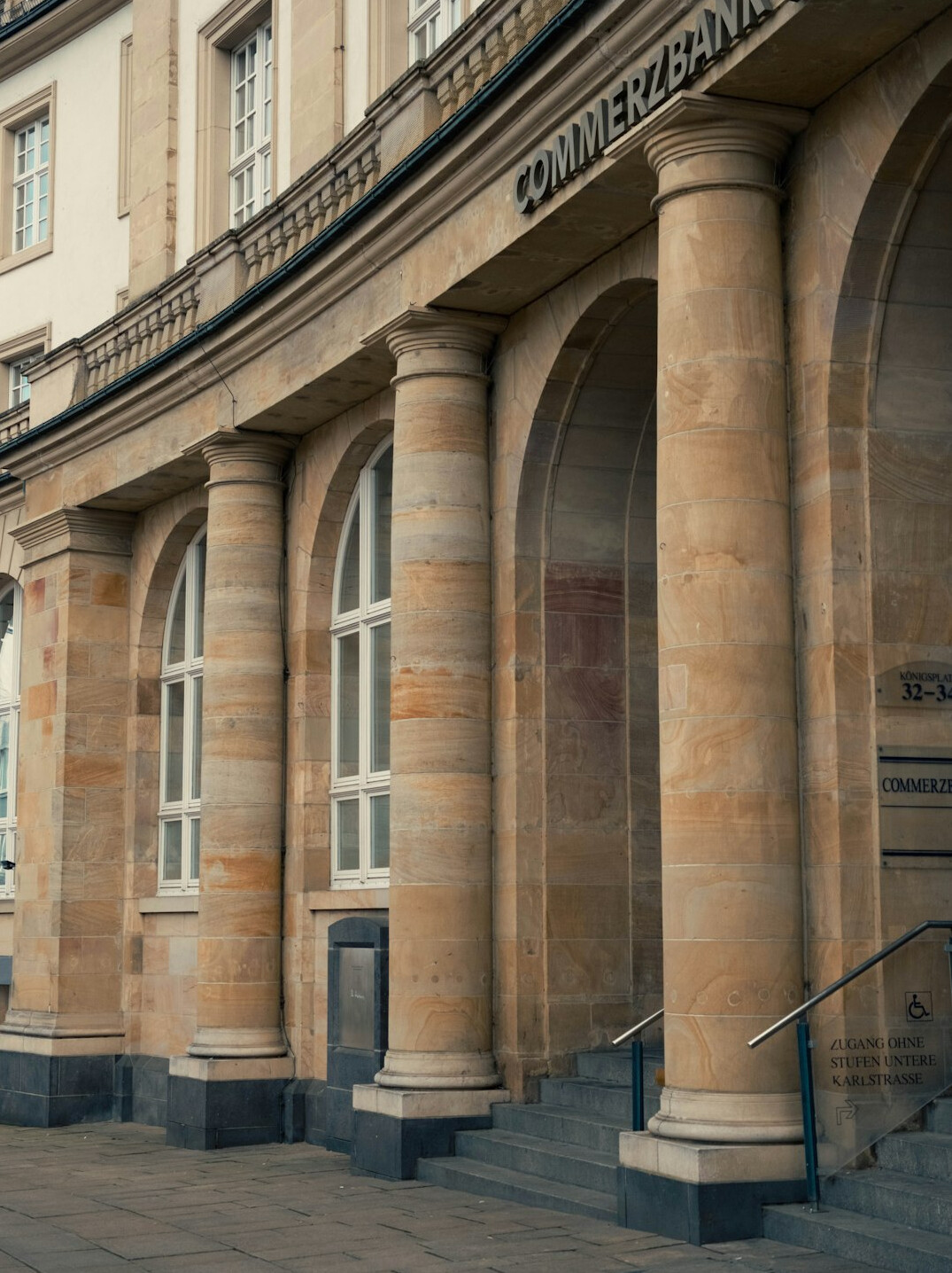 Bank building entrance with columns